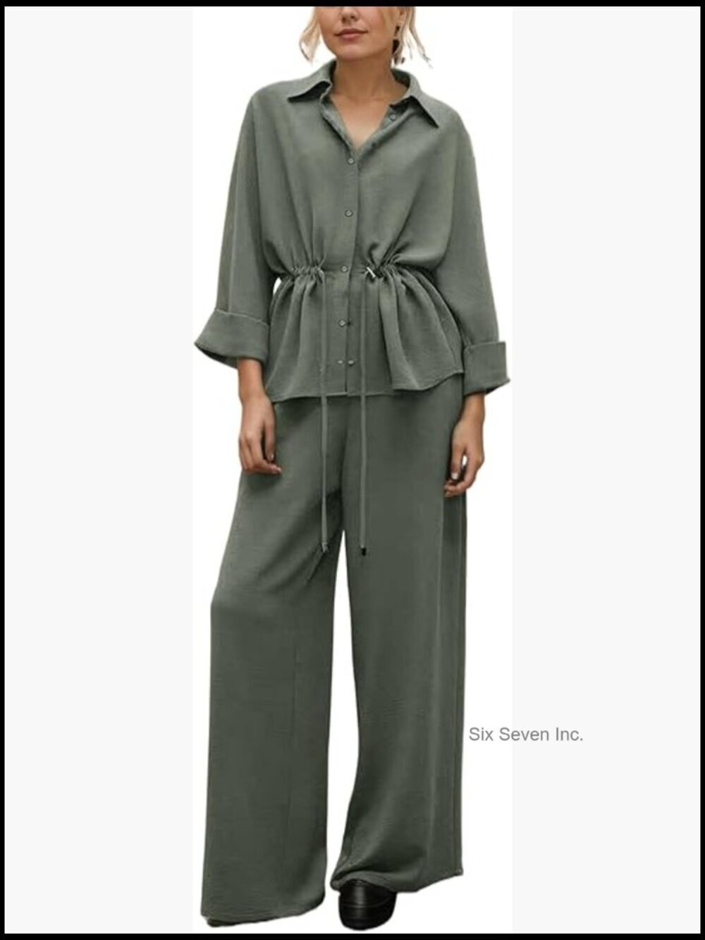 Women's 2 Piece Outfit Button Down Shirt Wide Leg Pants Set Drawstring Tracksuit